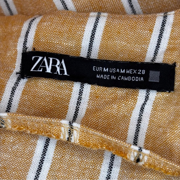 Zara Linen Blend Cutout Puff Sleeve Dress – Mustard Stripe, Size M - Picture 9 of 12